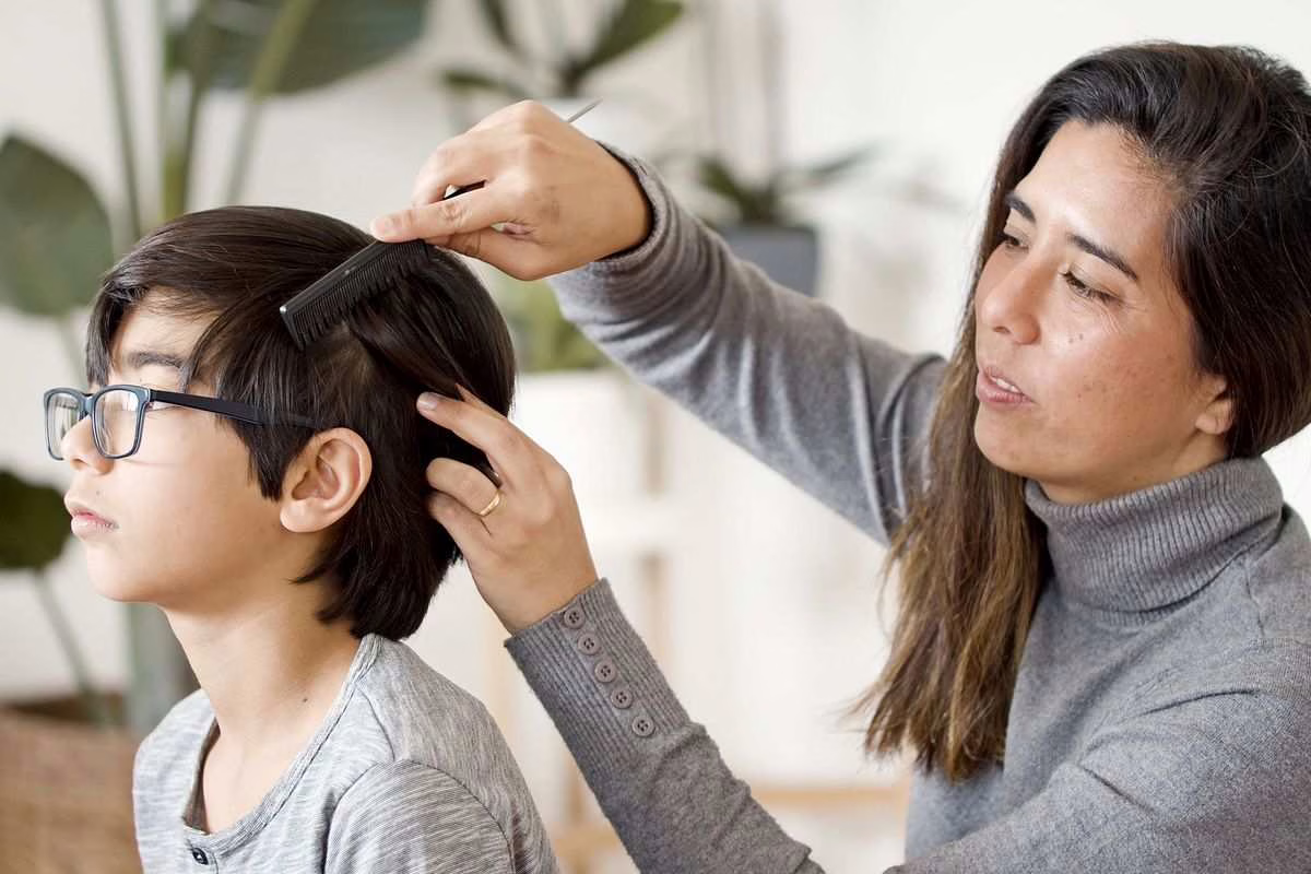 Parent examinant les cheveux de son enfant avec un peigne fin pour détecter la présence de poux avant le départ