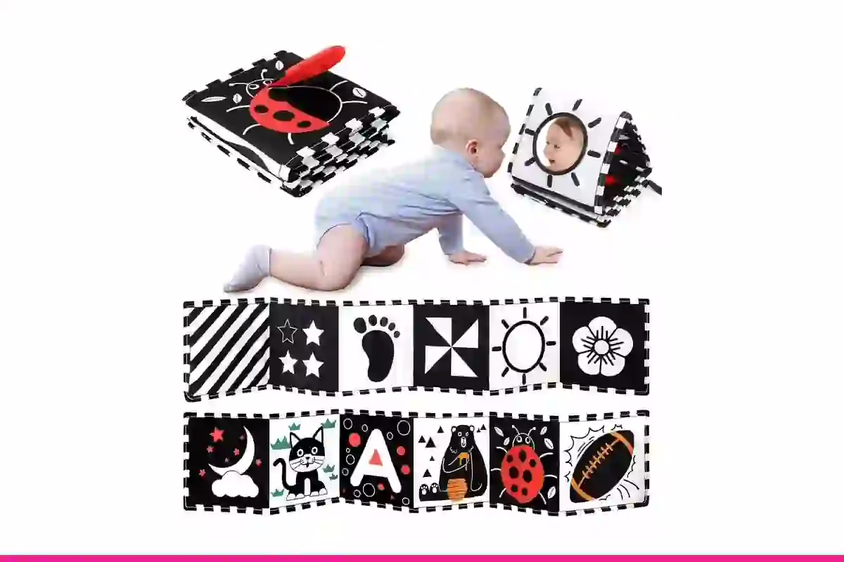 Livre d'éveil bébé en tissu noir et blanc à fort contraste avec miroir