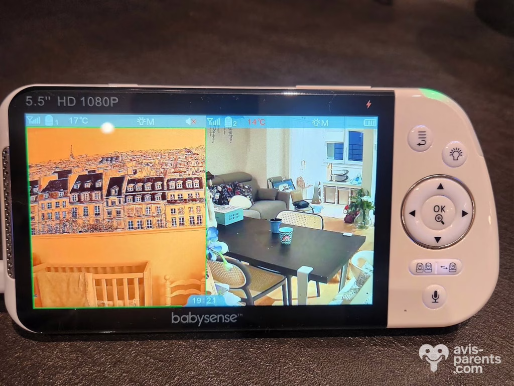 Écran partagé du Babysense MaxView Pro de jour, deux pièces en couleur