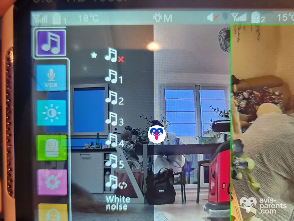 Menu du babyphone Babysense MaxView Pro : cinq berceuses et bruit blanc lancés à distance